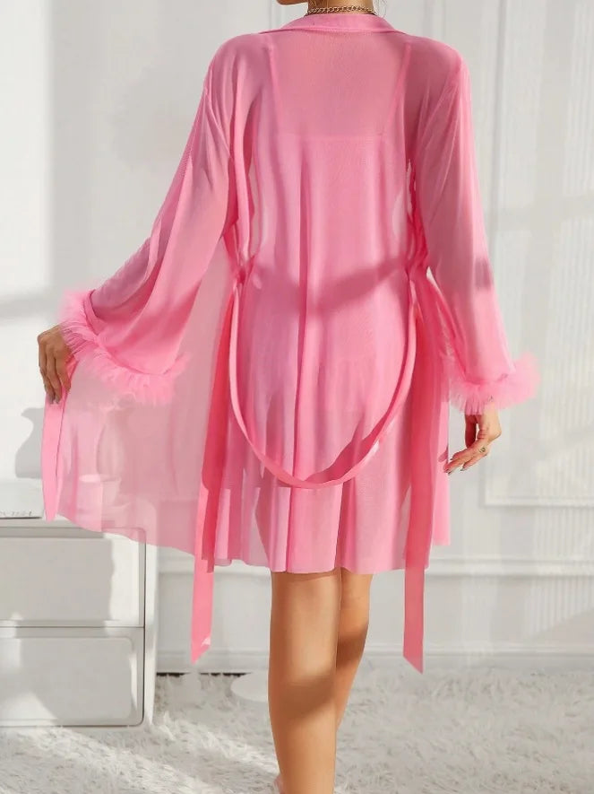 Lace Cami Dress & Mesh Robe Set