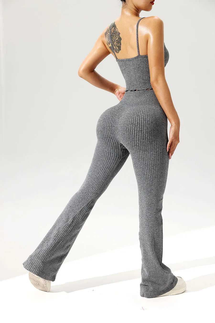 2pcs/set Seamless Flared Pants Ribbed Tank Top Outfit