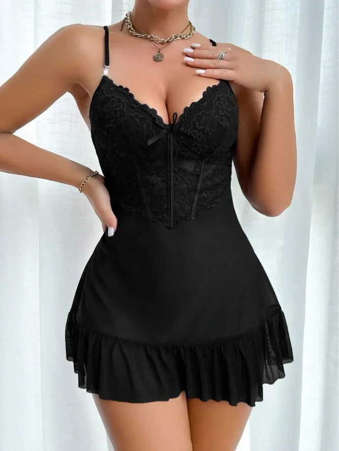 Lace Cami Dress & Mesh Robe Set