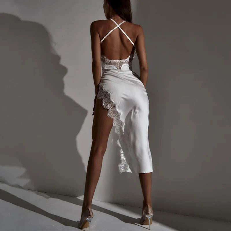 Slit Side Lace Spaghetti Strap Backless Dress Summer Women Halter Sleeveless Sexy Slim Dresses Ladies Bodycon Camisole Vestidos