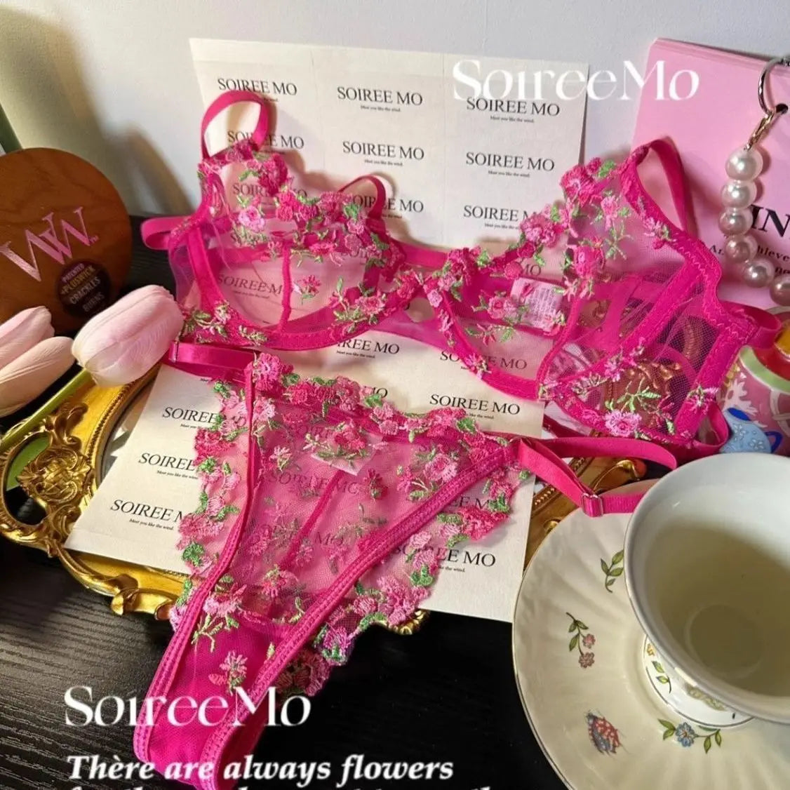 Pink Floral Lingerie Set