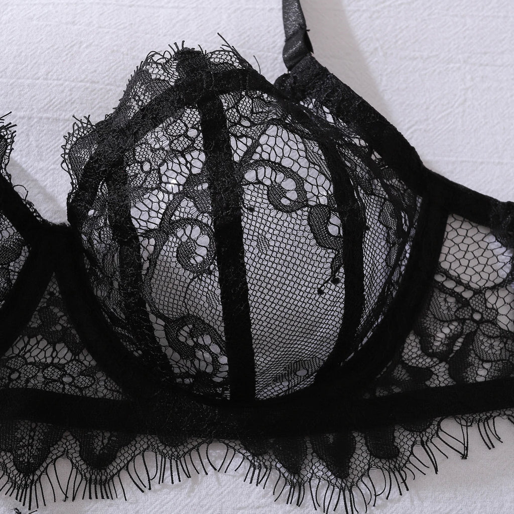 Feather Lace Lingerie Set with Garter & Suspenders
