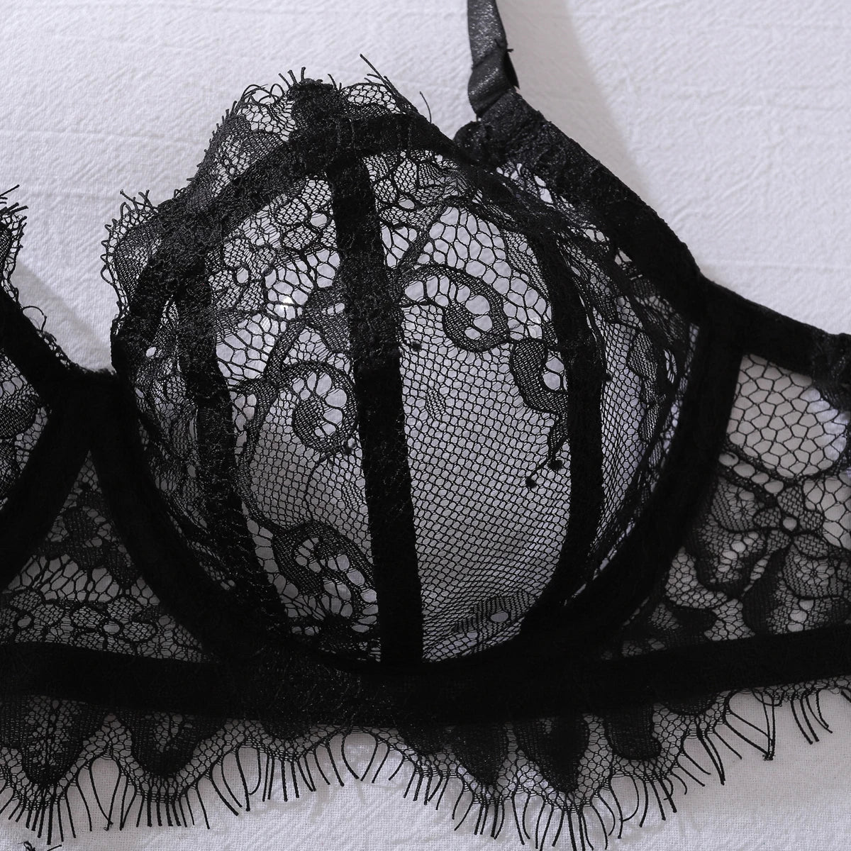 Feather Lace Lingerie Set with Garter & Suspenders