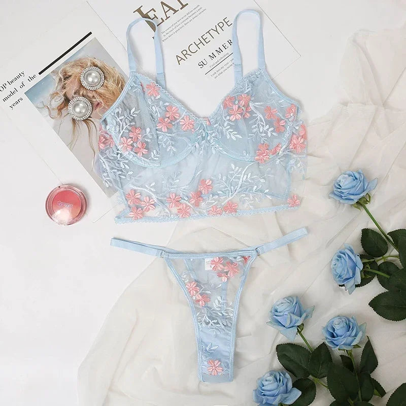 Floral Embroidery See-Through Bra & Panty Set